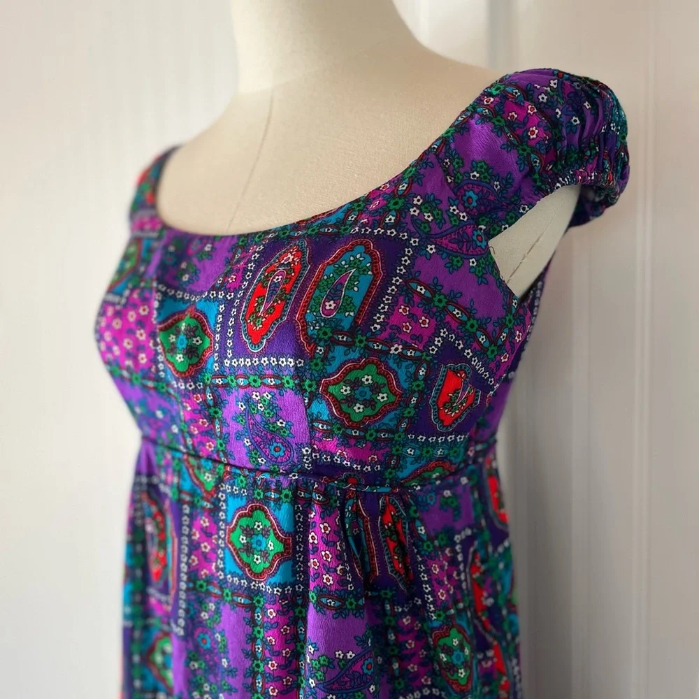 Vintage Hawaiian Purple Psychedelic Floral Patterned Maxi Dress Cap Sleeve Sa-Ne - Picture 8 of 16